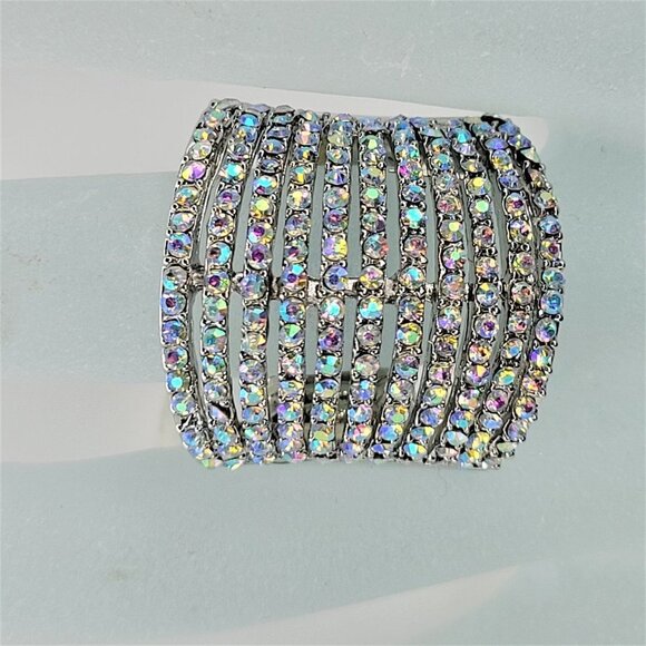 Rhinestone Ring Stretch Adjustable Ring with Aurora Borealis Rhinestones - Picture 16 of 16